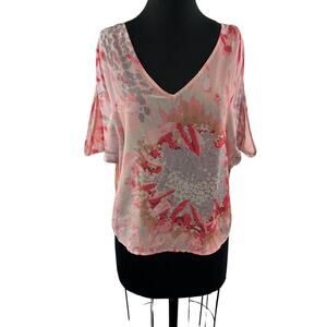 S.Y.L.K. Pink XS Flutter Top Silk Tie Dye Print V-Neck Dolman Sleeve Pullover